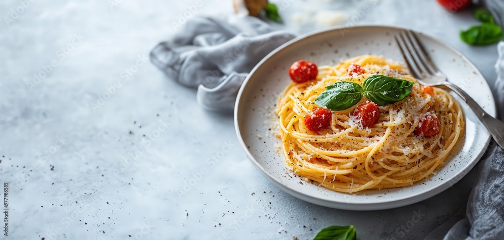 Obraz premium Spaghetti with tomato sauce, parmesan and basil. white plate, minimalistic light background, light from the window. spaghetti with cheese and cherry tomatoes