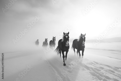 several horses in the snow, black and white minimalistic art photo