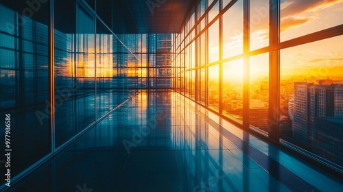 Modern office hallway with sunset city view through glass windows