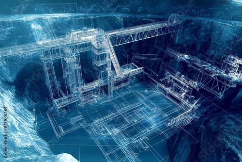 Digital Mine Blueprint: Futuristic rendering of a digital mine, showcasing the intricate network of machinery and infrastructure, with a blue, wireframe aesthetic symbolizing technological advancement