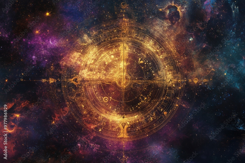 Fototapeta premium Cosmic Compass: A celestial guidepost, bathed in a vibrant nebula of stars, shines brightly, illuminating the path to destiny. The intricate golden compass, a symbol of direction and exploration, evok