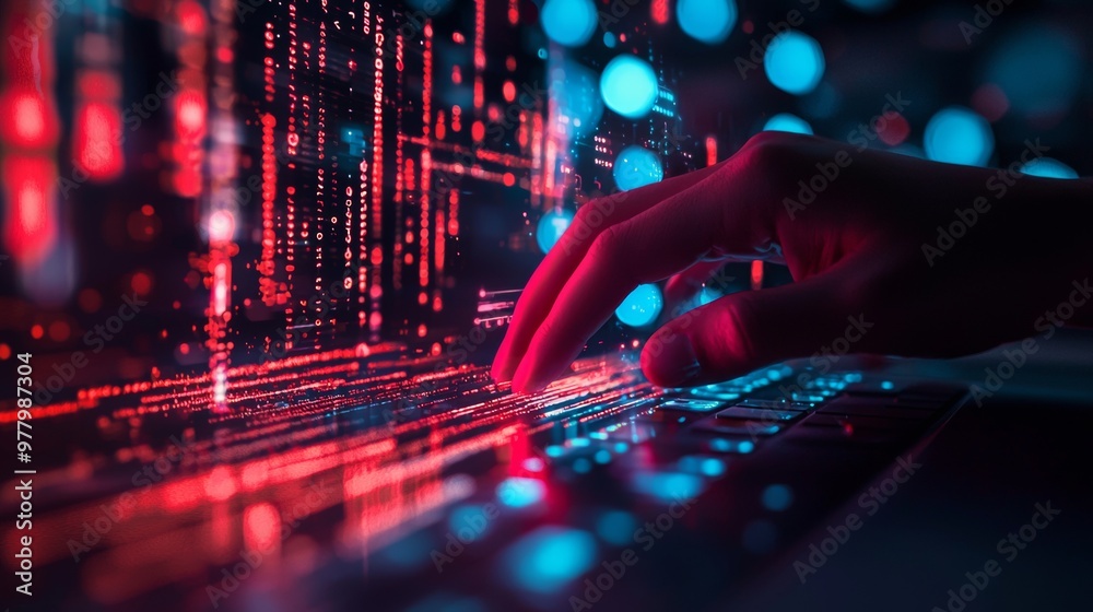Hand typing on keyboard with digital data visualization overlay