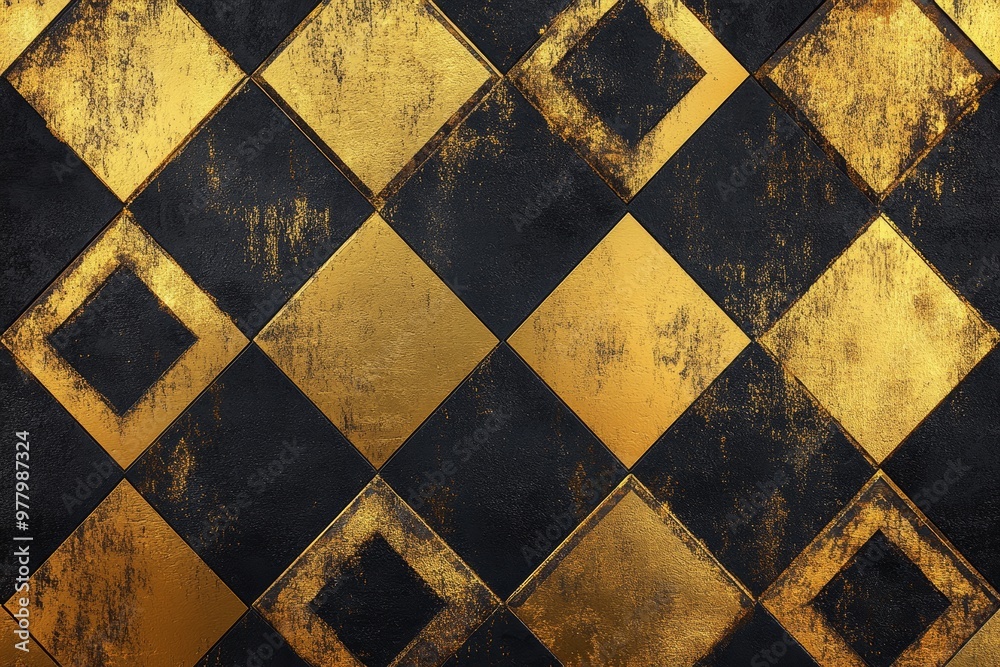 Distressed Gold and Black Diamond Tile Pattern: A captivating, high-resolution texture featuring a seamless, repeating pattern of distressed gold and black diamond tiles, evoking a vintage, industrial Distressed Gold and Black Diamond Tile Pattern: A captivating, high-resolution texture featuring a seamless, repeating pattern of distressed gold and black diamond tiles, evoking a vintage, industrial