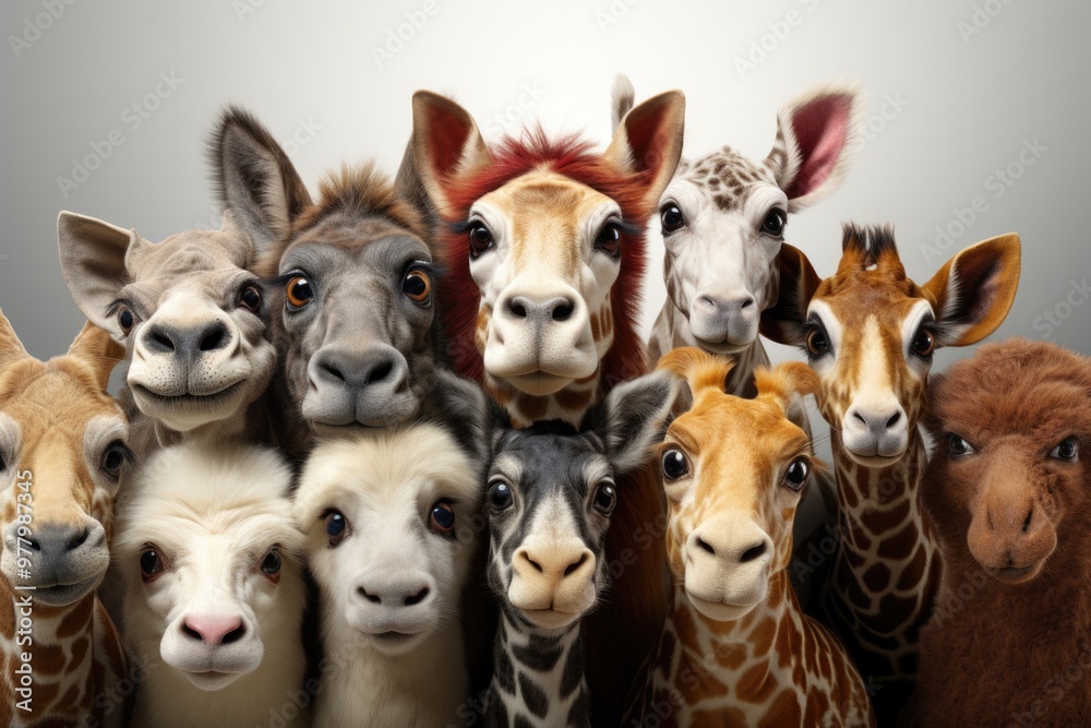 The Close Up of a Bunch of Animals on A White Background Generative, generative IA