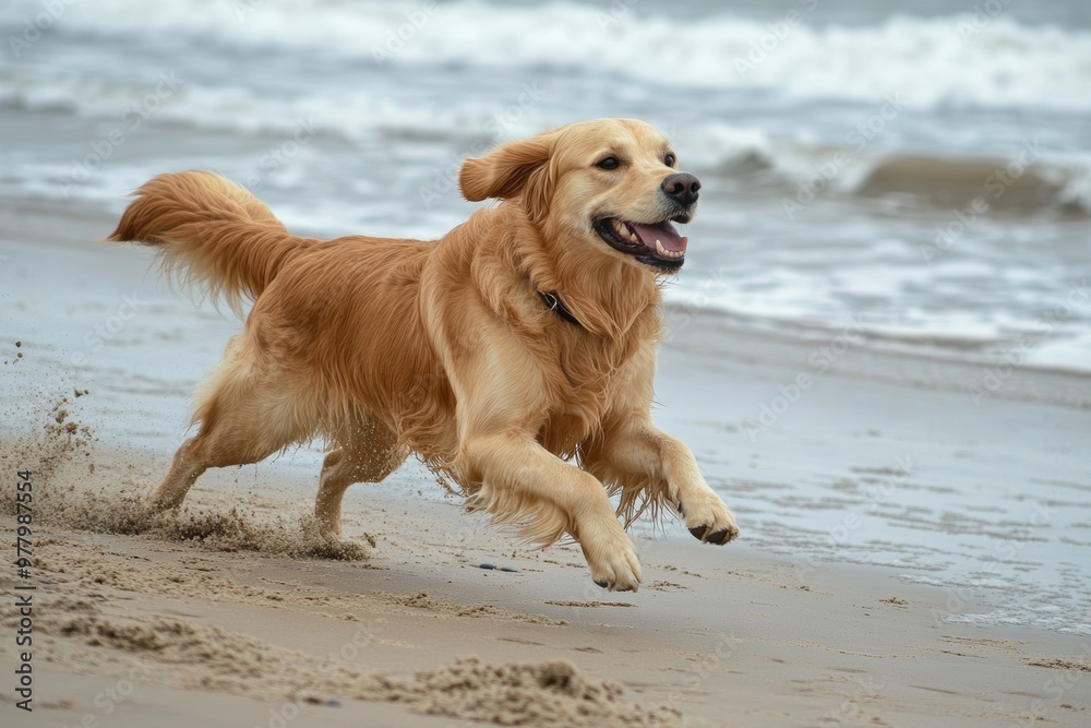 Golden Retriever Beach Run: A golden retriever joyfully sprints across the sandy beach, paws kicking up sand as the waves crash in the background. The dog's happy expression evokes a sense of carefree Golden Retriever Beach Run: A golden retriever joyfully sprints across the sandy beach, paws kicking up sand as the waves crash in the background. The dog's happy expression evokes a sense of carefree