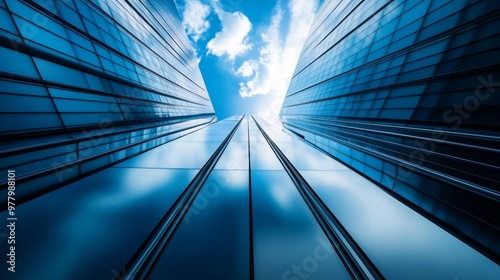 Upward view of skyscrapers with blue sky and clouds