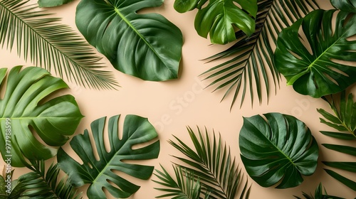 Collection of various tropical palm and monstera leaves arranged on a beige background photo