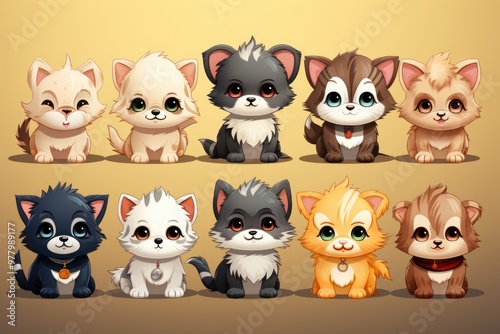 Cute Animals Collection Set Illustration Manga Style, generative IA