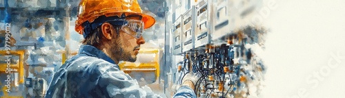 In a high-tech industrial setting, a technician is engrossed in working on complex equipment and control panels, the detailed view of wires and connections emphasizing the focus on meticulous