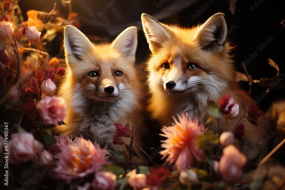 There are two foxes sitting next to each other with a general flower there, generative IA There are two foxes sitting next to each other with a general flower there, generative IA