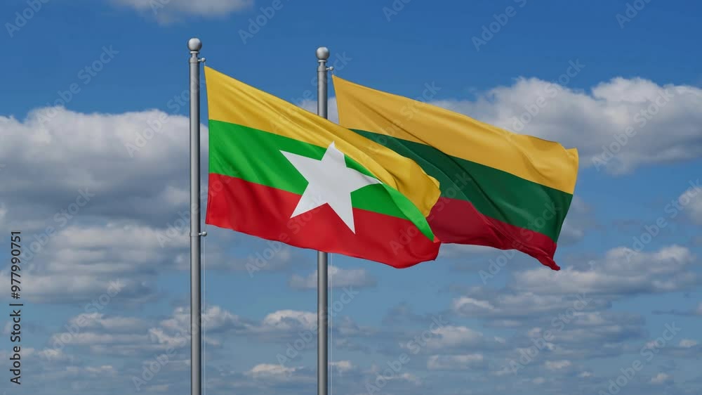 Lithuania and Myanmar flags flying together, video concept of the relationship, two country relations concept Lithuania and Myanmar flags flying together, video concept of the relationship, two country relations concept