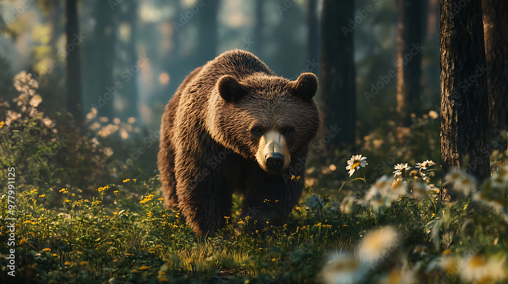 Fototapeta premium A majestic bear walking through a serene forest filled with wildflowers and soft light, capturing the beauty of nature.