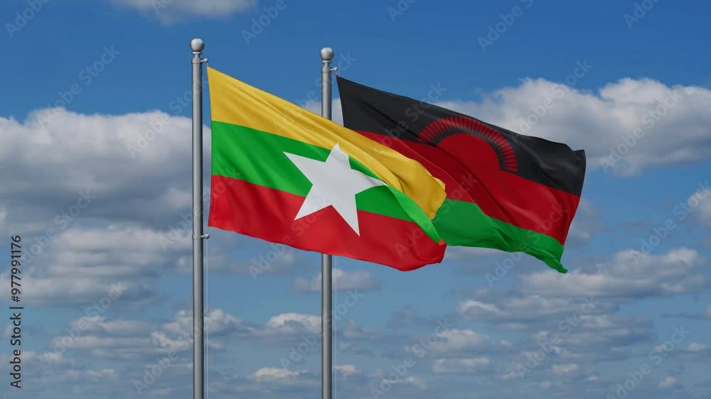 Malawi and Myanmar flags flying together, video concept of the relationship, two country relations concept Malawi and Myanmar flags flying together, video concept of the relationship, two country relations concept