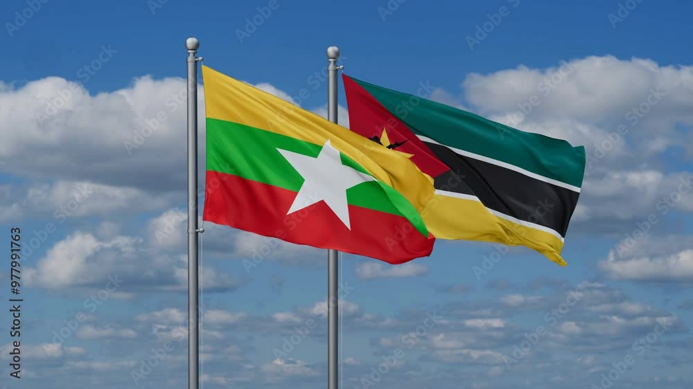 Mozambique and Myanmar flags flying together, video concept of the relationship, two country cooperation concept Mozambique and Myanmar flags flying together, video concept of the relationship, two country cooperation concept