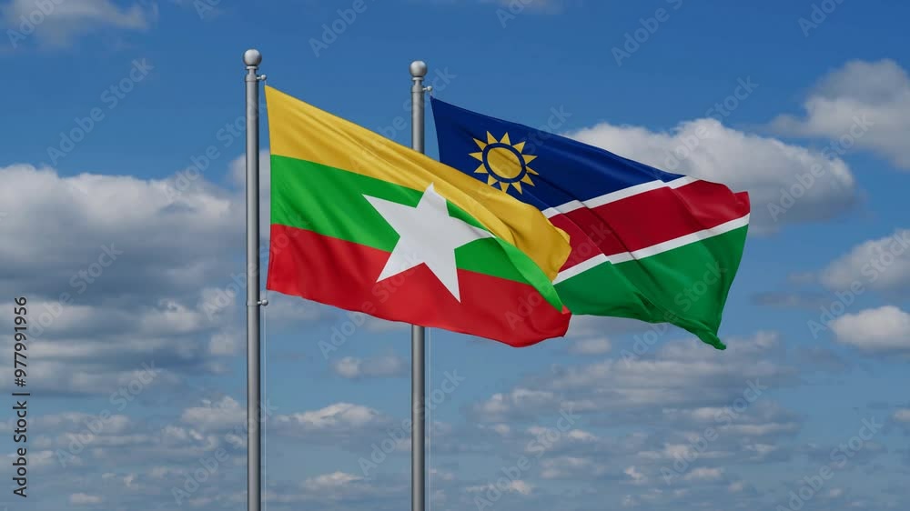 Myanmar and Namibia flags flying together, video concept of the relationship, two country relations concept Myanmar and Namibia flags flying together, video concept of the relationship, two country relations concept