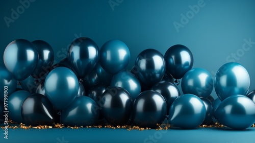 Dark blue balloons on a blue background, with space for text. The banner is dark blue.