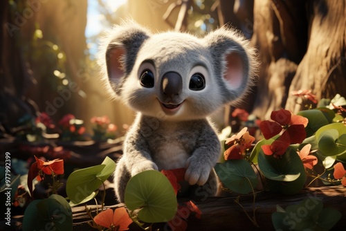 A cartoon koala with leaves and hearts around you Generative, generative IA photo