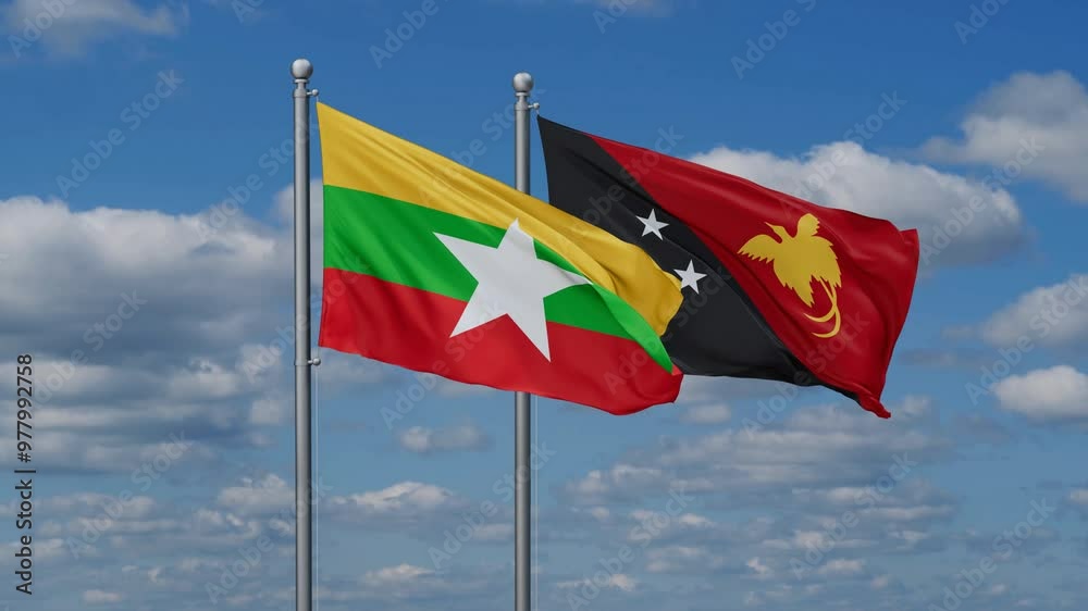 Papua New Guinea and Myanmar flags flying together, video concept of the relationship, two country relations concept Papua New Guinea and Myanmar flags flying together, video concept of the relationship, two country relations concept