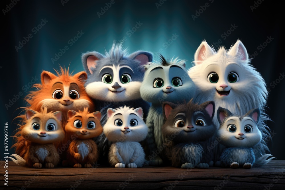 A group of cartoon animals with different expressions in a generative blue backg, generative IA A group of cartoon animals with different expressions in a generative blue backg, generative IA