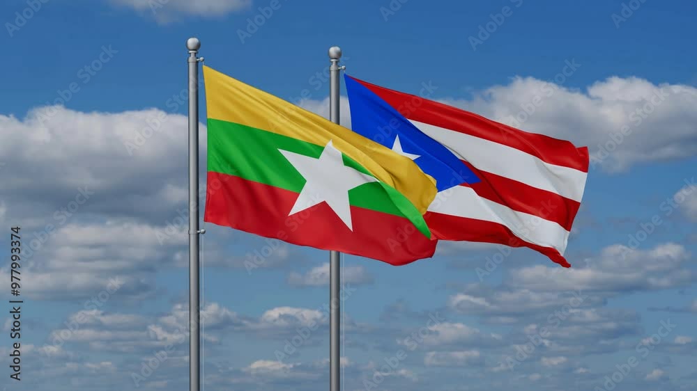 Puerto Rico and Myanmar flags flying together, video concept of the relationship, two country cooperation concept Puerto Rico and Myanmar flags flying together, video concept of the relationship, two country cooperation concept