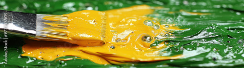 A close-up reveals a wide paint brush layering bright yellow paint over thick green paint photo