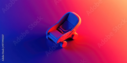 Isometric 3d icon of baby stroller, buggy on flat color background with Copy space, creative banner template for baby goods shop store