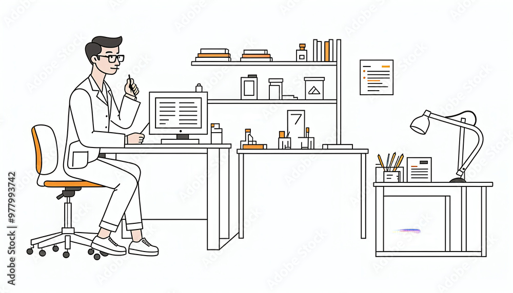 Fototapeta premium Illustrative abstract depiction in fine line drawing of a scientist performing scientific experiments in a laboratory