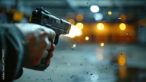 A handgun with a flying bullet. A hand holding a gun on a blurry background photo