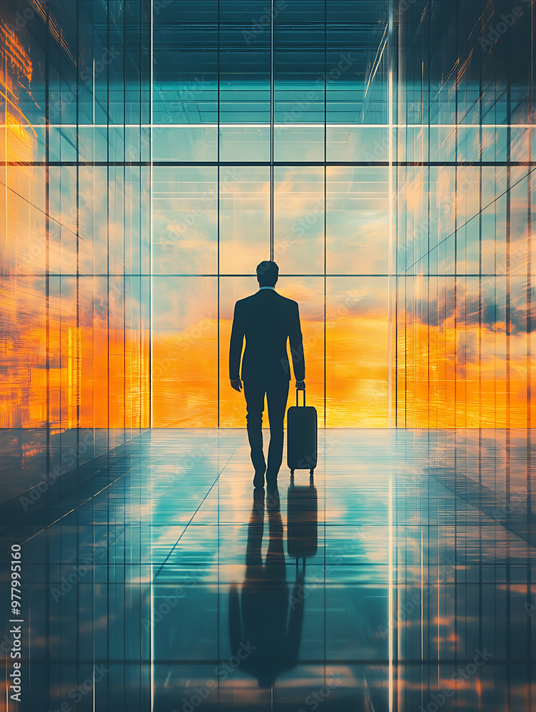 Silhouette of a businessman walking with a suitcase against a vibrant sunset backdrop in a modern interior. Silhouette of a businessman walking with a suitcase against a vibrant sunset backdrop in a modern interior.