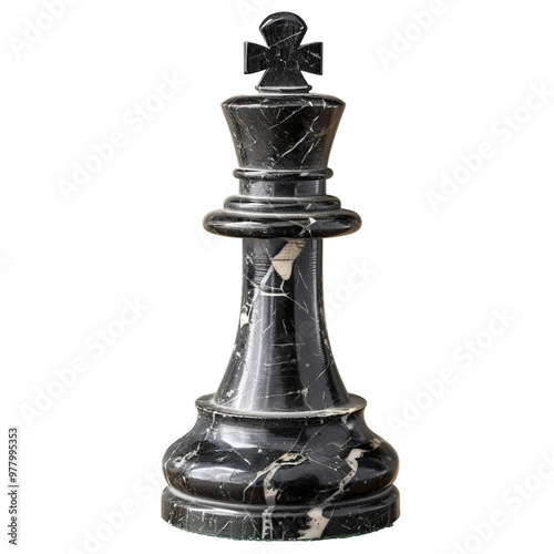 Black marble queen chess piece standing on a white background, representing strategy, power, and victory