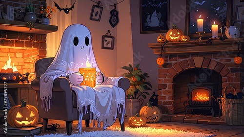 Kawaii Ghost in Cozy Halloween Hygge Room with Fireplace and Knitting Charm photo