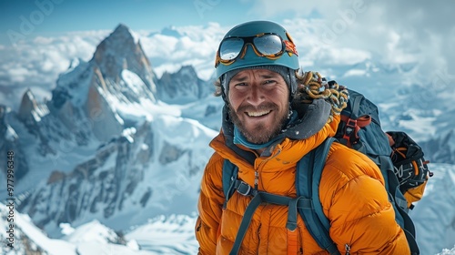 Happy Man on top of a snowy mountain. Climbing high snowy mountains