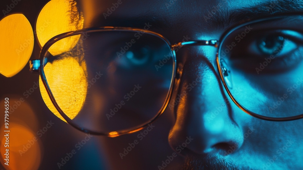 Close-up of person wearing glasses reflecting city lights at night Close-up of person wearing glasses reflecting city lights at night
