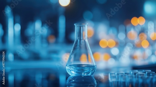 science laboratory with glass beakers and test tubes on a blurred bokeh background