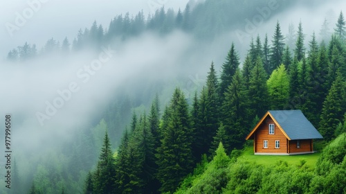 A small cabin on a hillside surrounded by trees and fog, AI