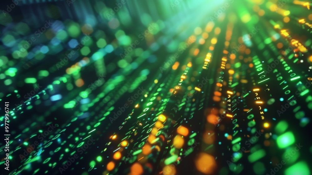 Abstract data flow with green and yellow binary code Abstract data flow with green and yellow binary code
