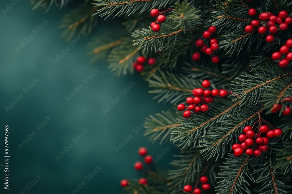 Flat lay of Christmas festive frame made of natural fir branches and red mistletoe berries on green background with copy space Flat lay of Christmas festive frame made of natural fir branches and red mistletoe berries on green background with copy space