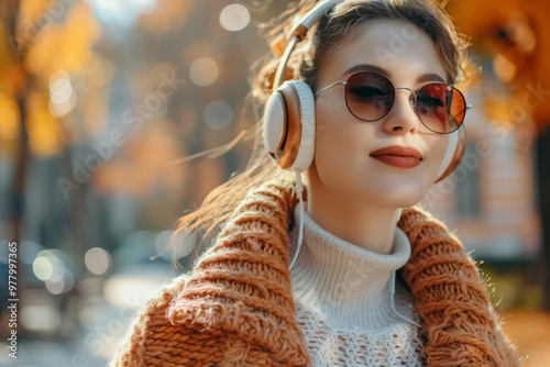 Young caucasian woman dressed in warm knitted clothes wearing headphones and sunglasses walks around the city and listen to music, sunny autumn day, girl with happy face and smile