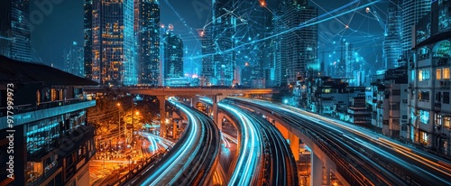 Cityscape at Night with Interconnected Buildings and Light Trails photo