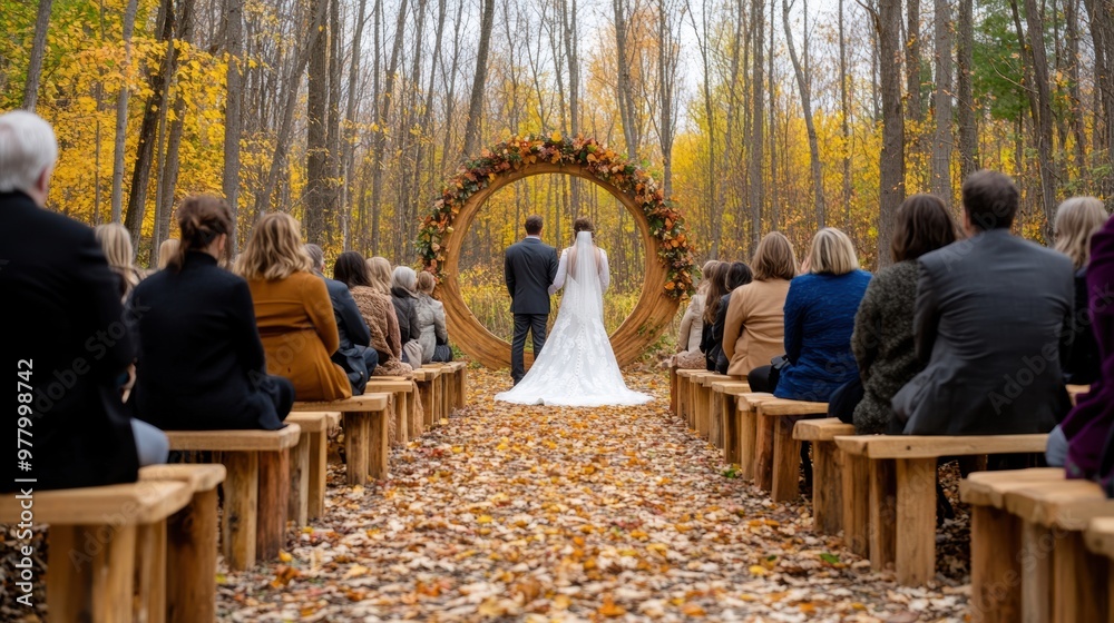 Fototapeta premium A couple is getting married in a wooded area with leaves, AI