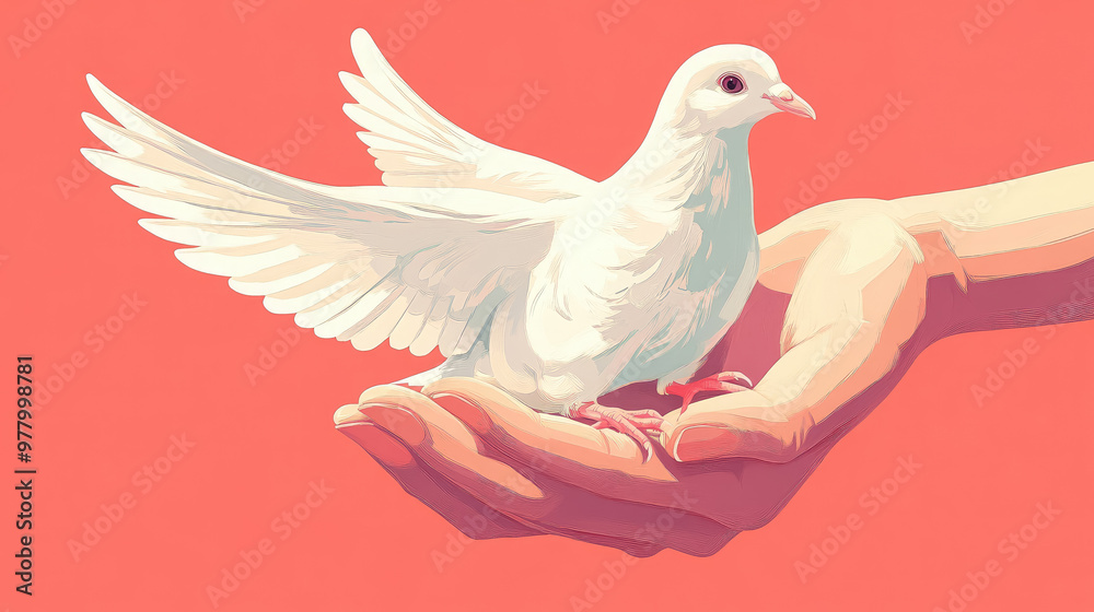Obraz premium child's hands holding white dove, book graphics, flat illustration, international day of peace, september 21, symbol, pigeon, flight, wings, feathers, bird, animal, postcard, biblical, world peace day