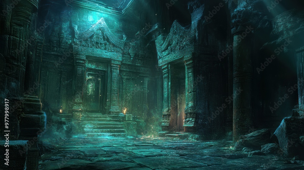 Eerie, Moss-Covered Temple Interior with Glowing Light Eerie, Moss-Covered Temple Interior with Glowing Light