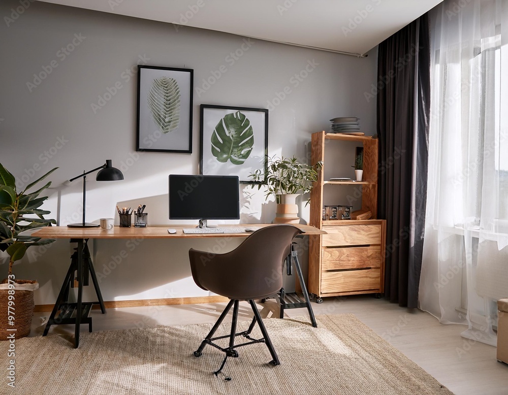 Fototapeta premium Minimalist home office setup with ergonomic furniture and clutter-free workspace