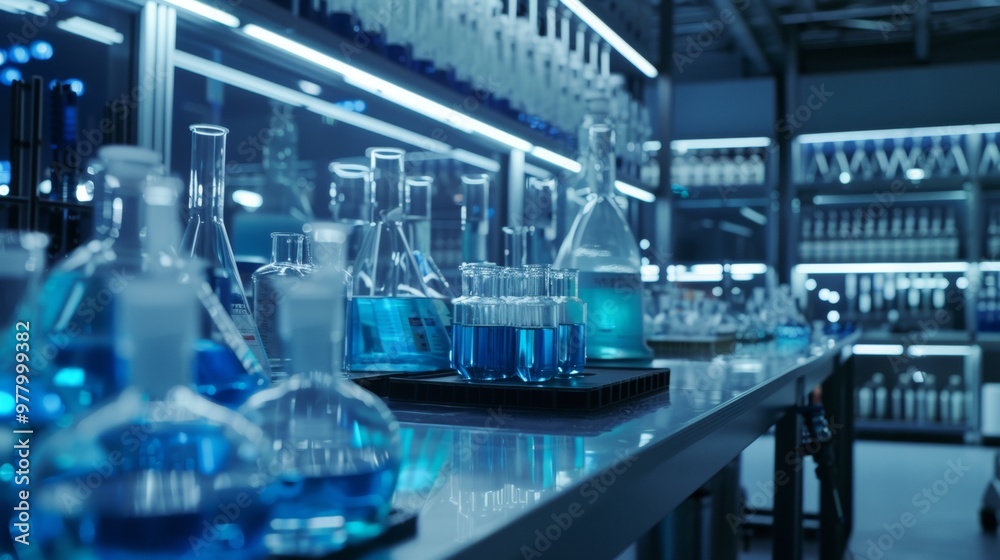 Laboratory glassware with blue liquid in high-tech research facility Laboratory glassware with blue liquid in high-tech research facility