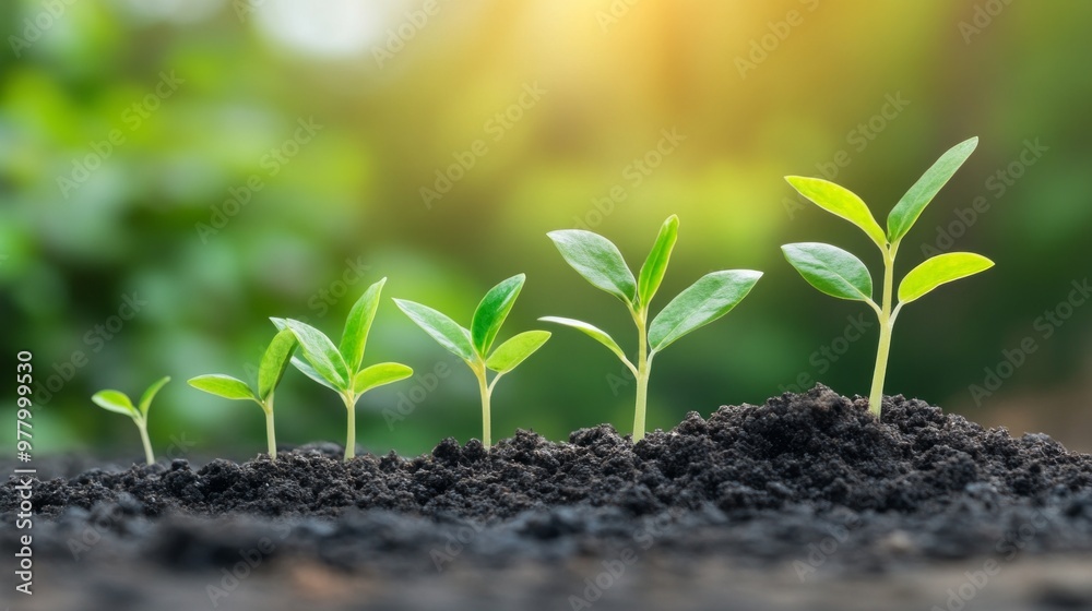 six seedlings growing in rich, dark soil, depicted in stages of increasing height. Each plant features vibrant green leaves. The background is softly blurred, with warm sunlight six seedlings growing in rich, dark soil, depicted in stages of increasing height. Each plant features vibrant green leaves. The background is softly blurred, with warm sunlight