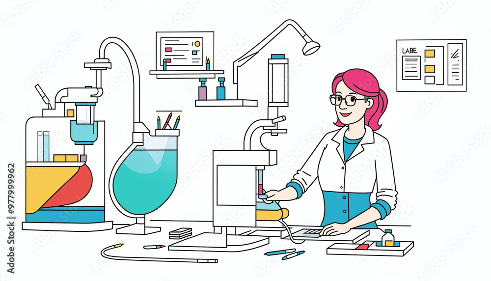 Illustrative abstract depiction in fine line drawing of a scientist performing scientific experiments in a laboratory Illustrative abstract depiction in fine line drawing of a scientist performing scientific experiments in a laboratory