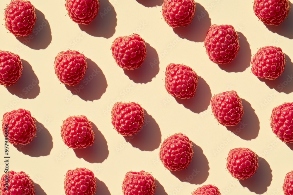 Pattern of Red Raspberries on a Beige Background Representing Freshness Organic Fruit and Natural Health Pattern of Red Raspberries on a Beige Background Representing Freshness Organic Fruit and Natural Health