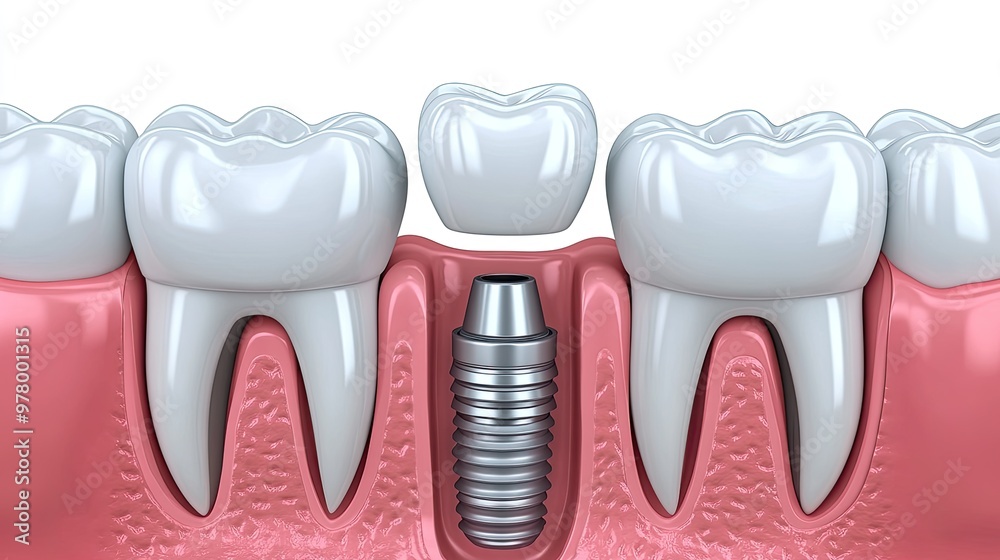 3D Illustration of Dental Implant Procedure with Crown and Healthy Teeth in Gums 3D Illustration of Dental Implant Procedure with Crown and Healthy Teeth in Gums