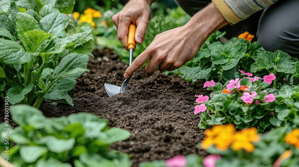 Fototapeta premium Hands Planting Flowers in a Garden Bed with Fresh Soil and Blooming Plants