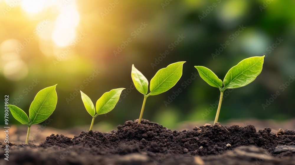 Fototapeta premium seedlings growing in dark soil, each with vibrant green leaves. They are illuminated by warm, golden sunlight, creating a serene and hopeful atmosphere. The softly blurred background